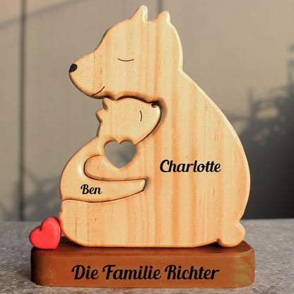 Personalisierte Alleinerziehende Familie mit Ständer – Puzzle Bärenfamilie aus Holz – Haustierschnitzereien aus Holz