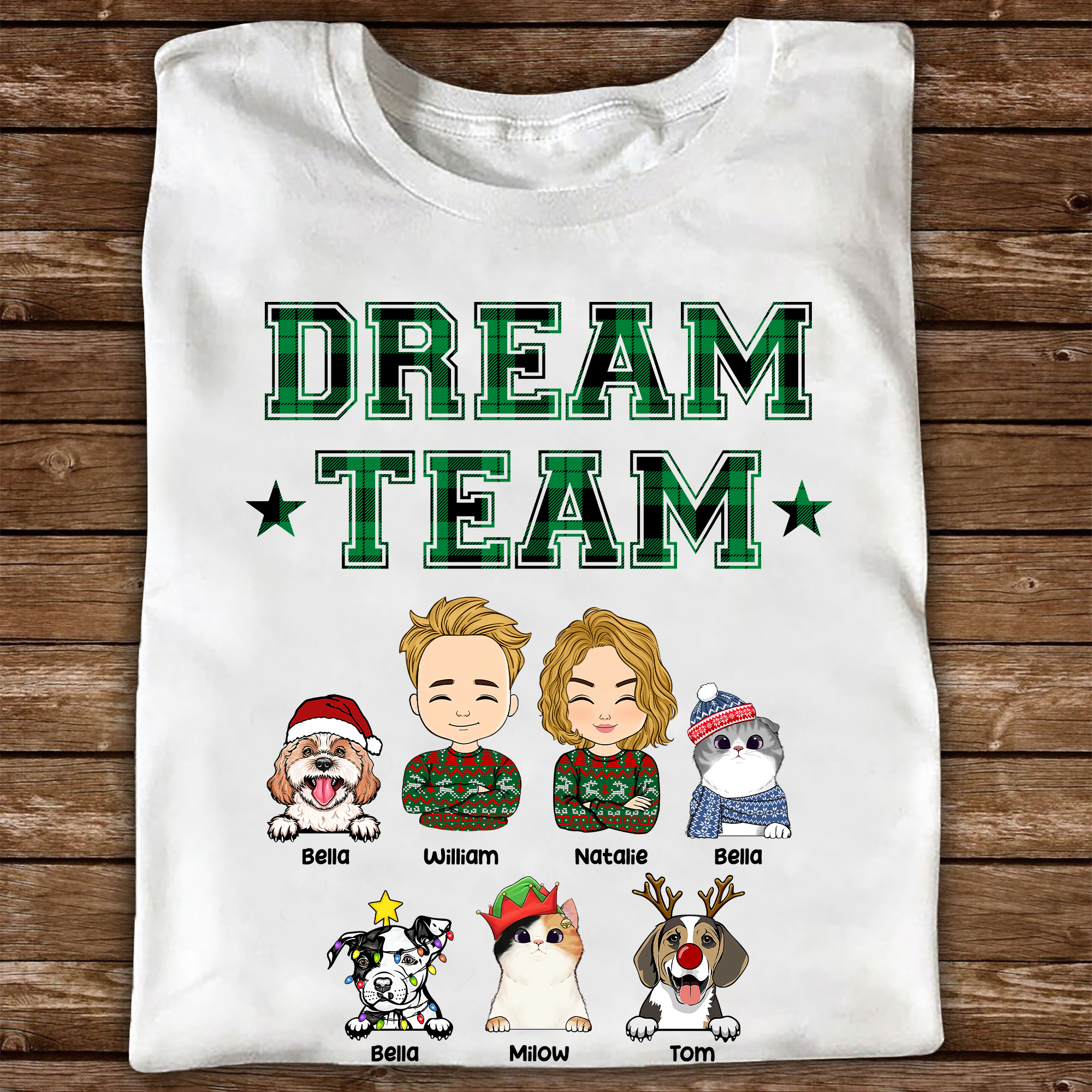 Personalisiertes Dream Team Haustiere T-Shirt - Individuelles T-Shirt für Hunde Katze - Weihnachtsgeschenk für Familie & Tierliebhaber