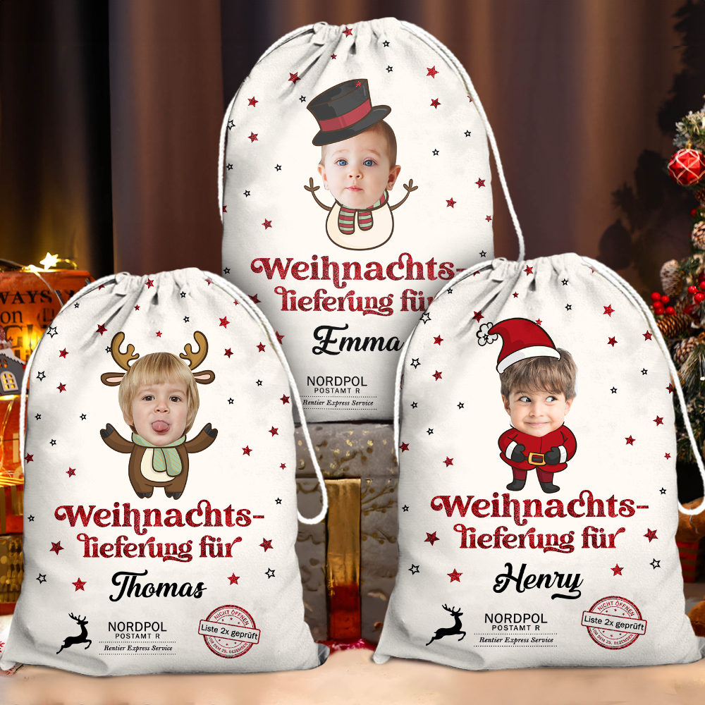 Personalisierter Weihnachtssack - Weihnachtsmann Weihnachtssack- Individueller Weihnachtssack mit Foto und Namen