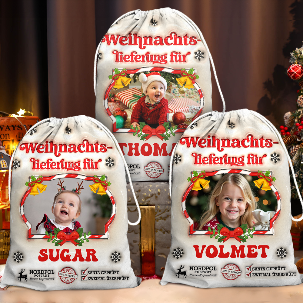 Weihnachtssack - Personalisierter Weihnachtsmannsack mit Namen und Foto - Individuelle Geschenktüte für die Feiertage