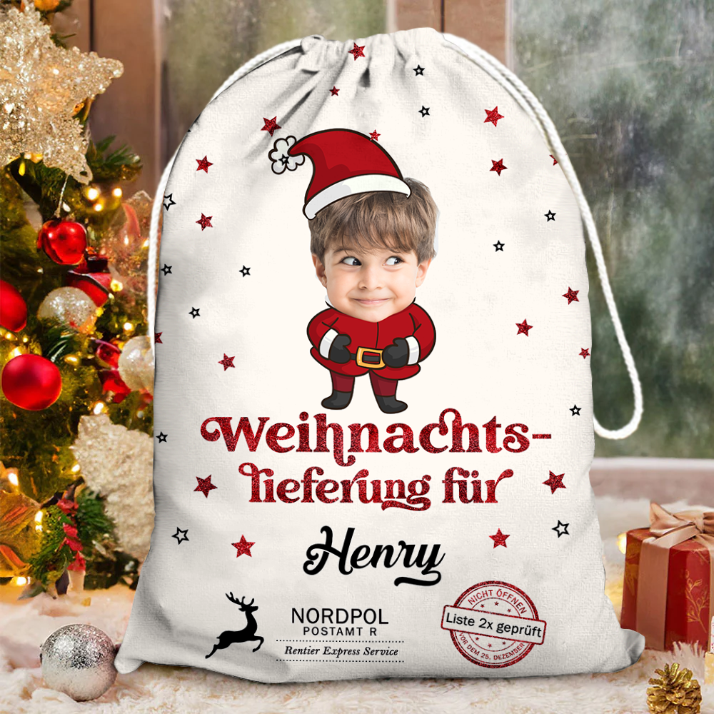 Personalisierter Weihnachtssack - Weihnachtsmann Weihnachtssack- Individueller Weihnachtssack mit Foto und Namen