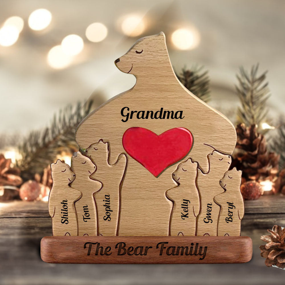 Holzbären Liebe Papa, Mama, Oma – Puzzle aus Holz mit Bärenfamilie – Handgeschnitzte Haustierfiguren aus Holz