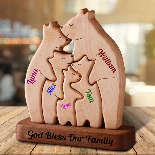 Buntes Namens-Holzbären-Familien-Puzzle in Bärenform mit individuellem Namen - Erntedankfest, Weihnachten
