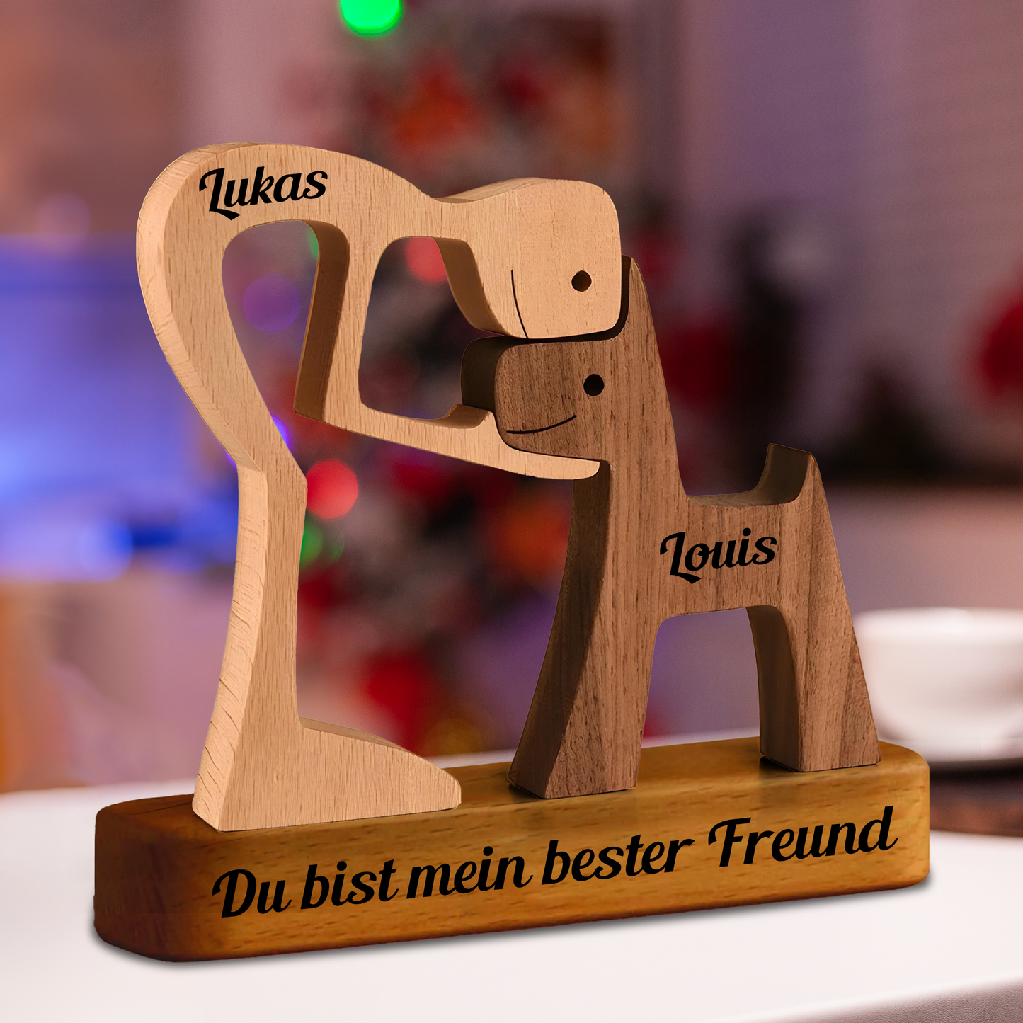 Personalisierte Holzschnitzereien für Haustiere mit Basis - Holzpuzzle mit individuellem Namen - Holzdekor