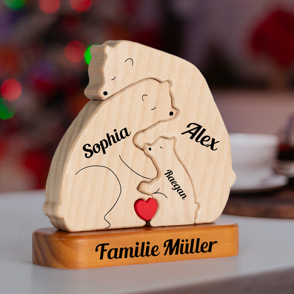 Liebenswerte Bärenfamilie Umarmt Sich In Gemütlicher Jahreszeit - Puzzle Aus Holz Bärenfamilie - Holzschnitzereien Von Haustieren