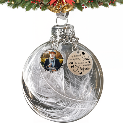 Personalisierte Weihnachtsbaum-Gedenkornament - Feder-Weihnachtskugel mit Fotoanhänger