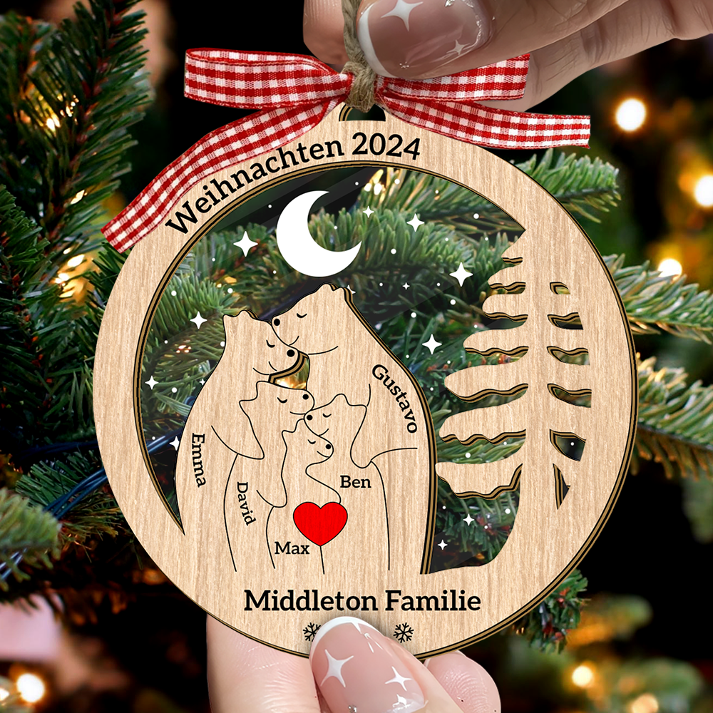 Personalisierte Holzbären Familien Weihnachtsbaum Ornament - 2-Schicht Holz Haustier Schnitzerei Ornament - Individuelles Bären Familien Holz und Acryl Ornament