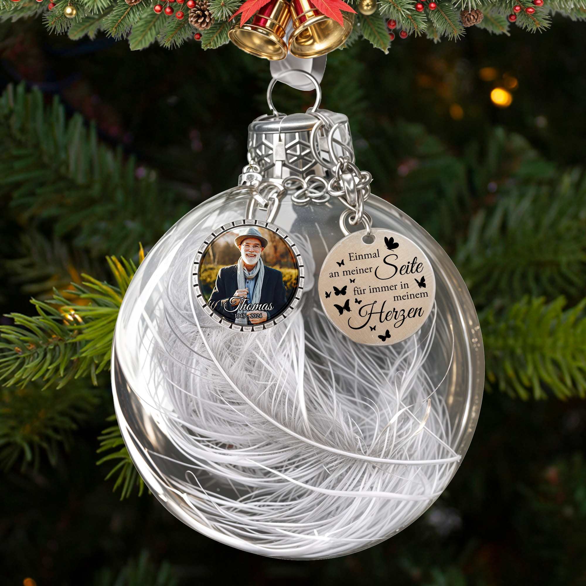 Personalisierte Weihnachtsbaum-Gedenkornament - Feder-Weihnachtskugel mit Fotoanhänger