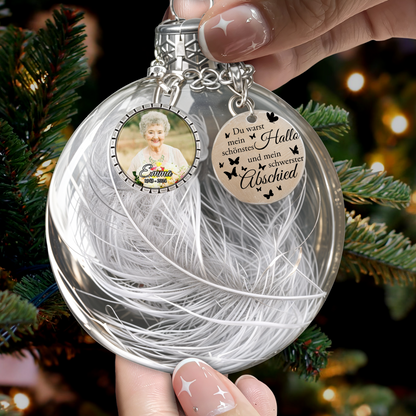 Personalisierte Weihnachtsbaum-Gedenkornament - Feder-Weihnachtskugel mit Fotoanhänger