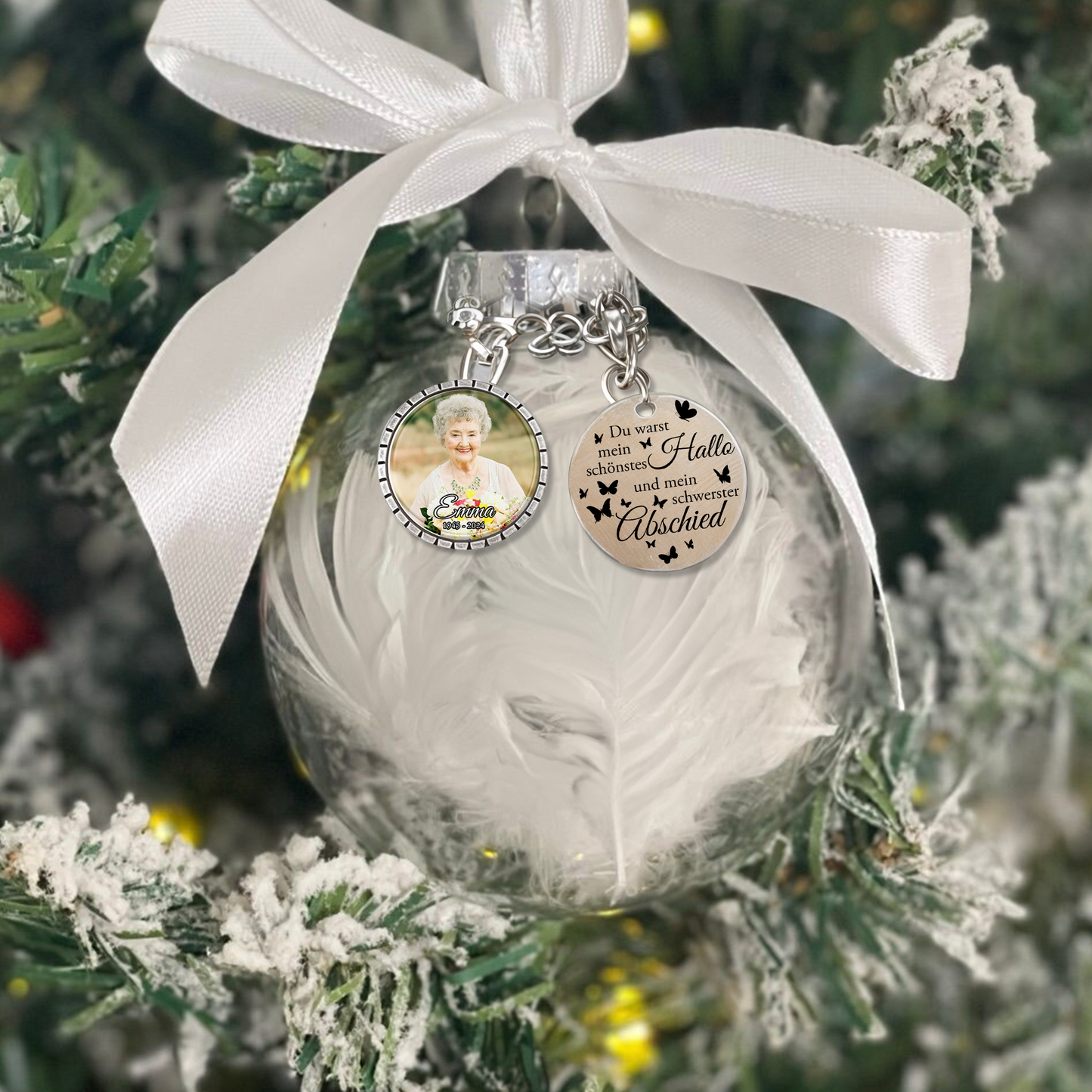 Personalisierte Weihnachtsbaum-Gedenkornament - Feder-Weihnachtskugel mit Fotoanhänger