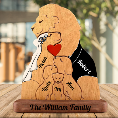 Personalisierte Holzpuzzle mit Löwenfamilie - Holzfamilie - Holzschnitzereien für Haustiere