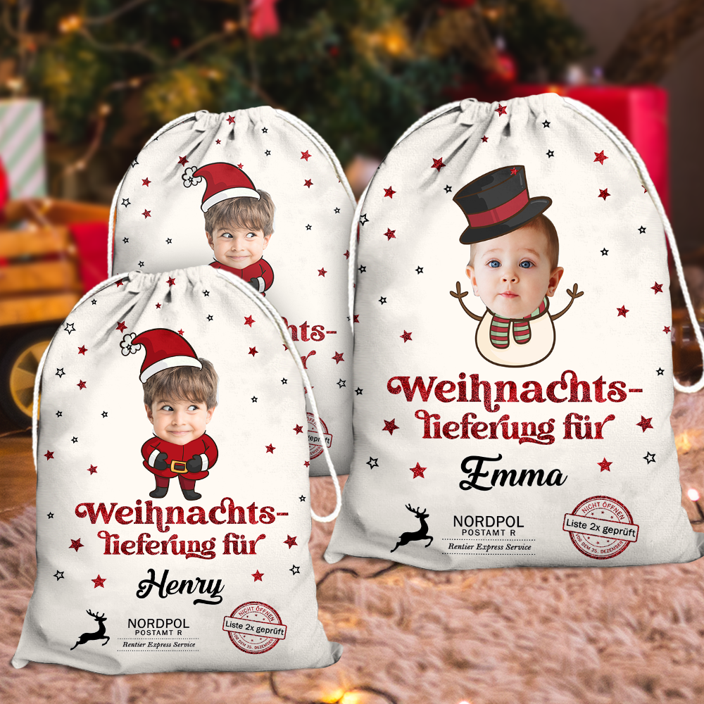 Personalisierter Weihnachtssack - Weihnachtsmann Weihnachtssack- Individueller Weihnachtssack mit Foto und Namen