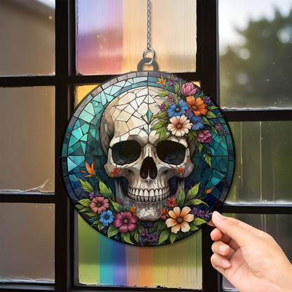 Sonnenfänger Halloween Schädel Buntglas - Horror Bild Heimdekoration - Gruseliges Fenster Wandbehang