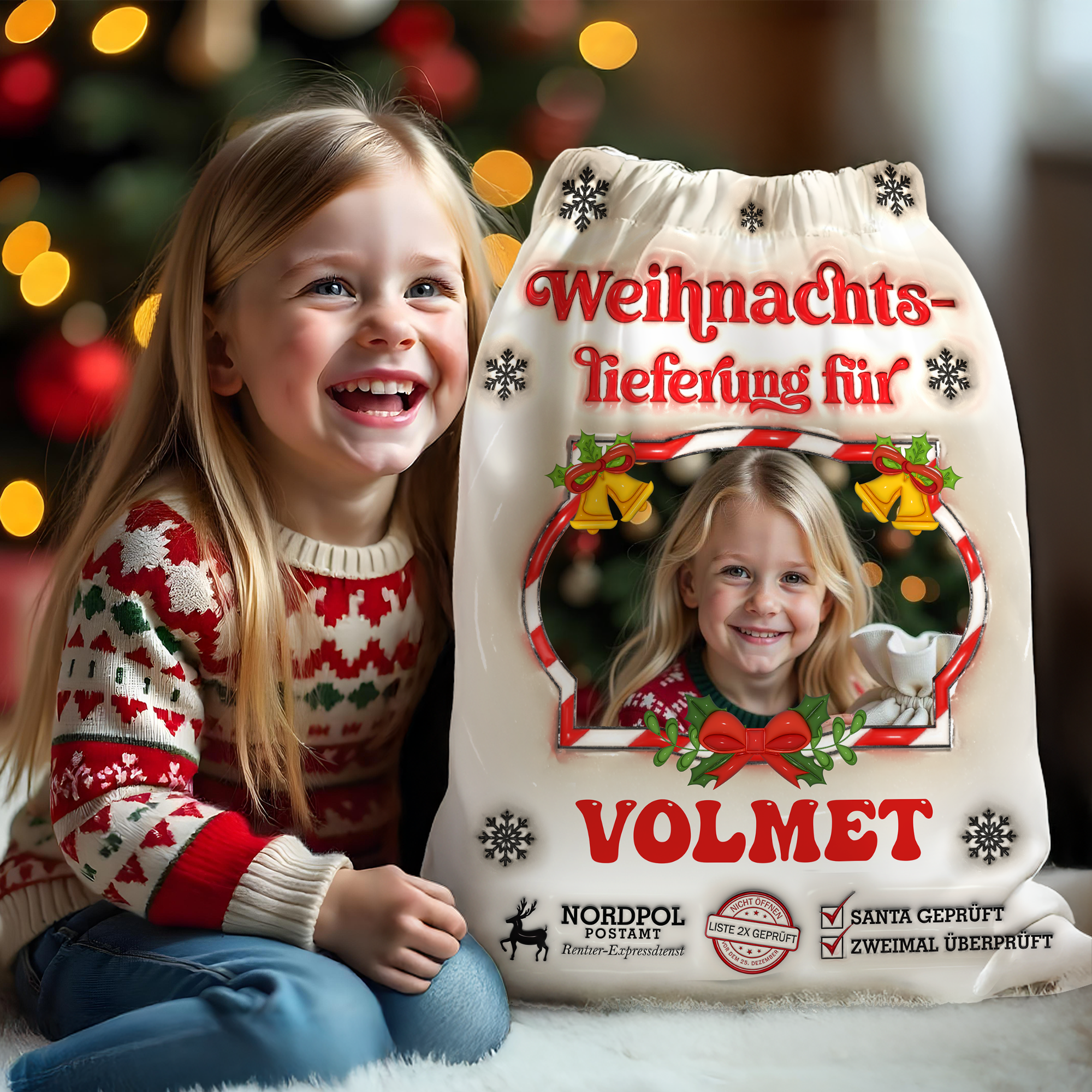 Weihnachtssack - Personalisierter Weihnachtsmannsack mit Namen und Foto - Individuelle Geschenktüte für die Feiertage