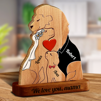 Personalisierte Holzpuzzle mit Löwenfamilie - Holzfamilie - Holzschnitzereien für Haustiere