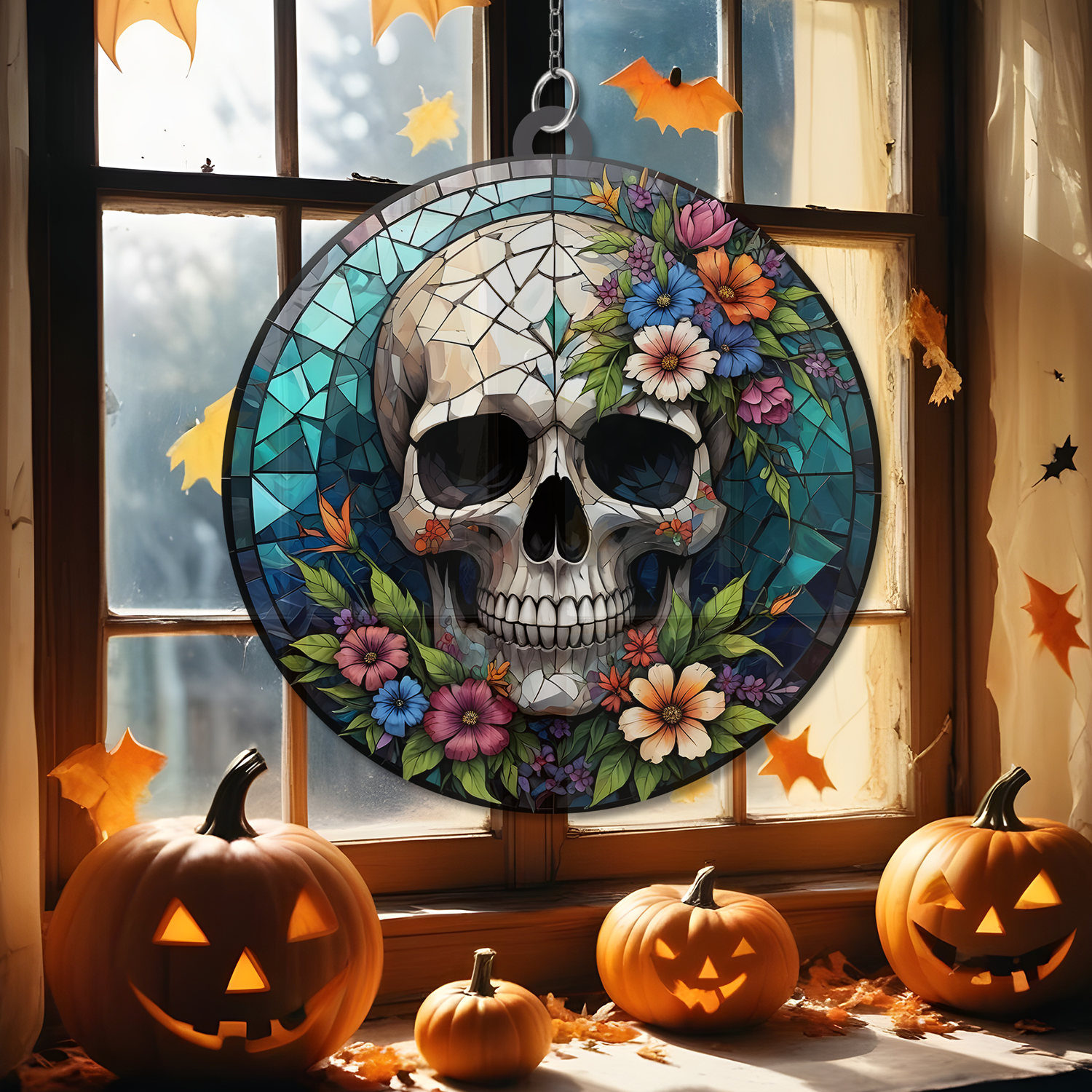 Sonnenfänger Halloween Schädel Buntglas - Horror Bild Heimdekoration - Gruseliges Fenster Wandbehang